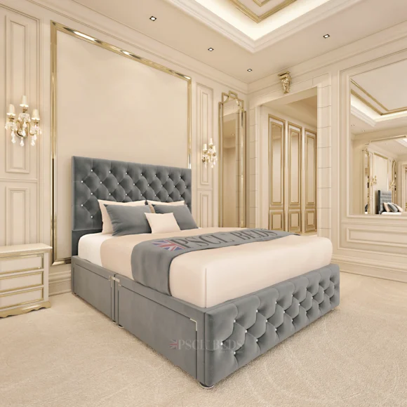 Elegant 2024 Dover Storage Bed with drawers, featuring a sleek design and ample under-bed storage space, set in a contemporary bedroom setting.