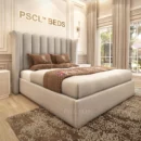 2024 Tulip Wingback Bed with distinctive Art Deco headboard design, customizable fabrics and colors, optional ottoman storage, in various sizes, showcasing elegance and practicality for a luxurious bedroom
