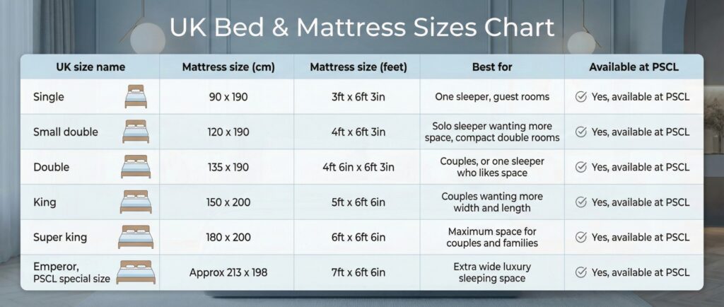 UK bed and mattress sizes, the complete guide by PSCL